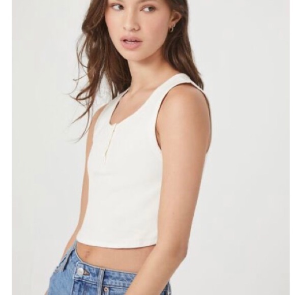 "Forever 21" white ctn-spdx rib knit, 3 snap henley, cropped tank top- jr size L - Picture 1 of 11